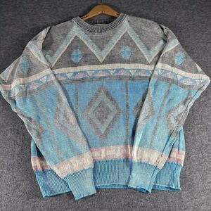 London Fog Blue, Gray and Cream Geometric Knit Sweater